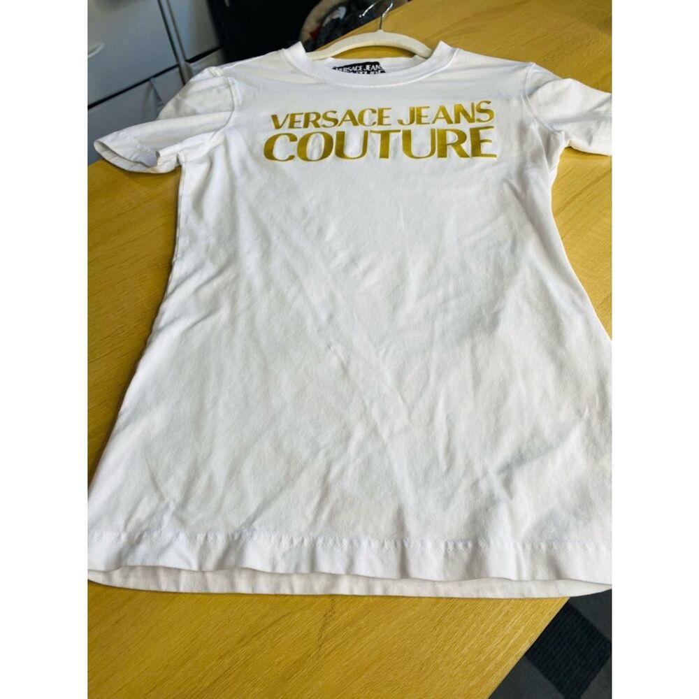 Versace Jeans Couture White Tee with Gold Writing. Authentic. Size Medium.